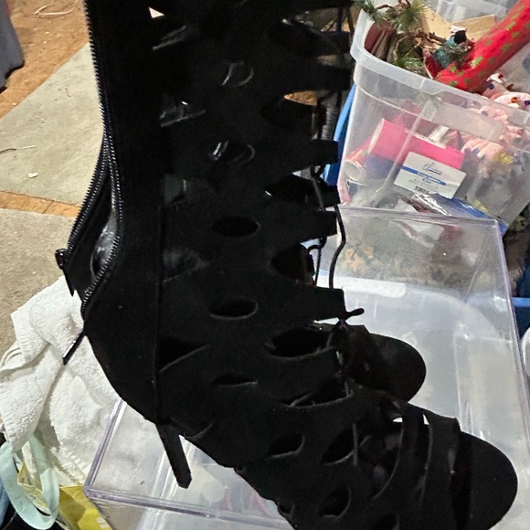 Shoes - Black Suede Cutout Heeled Boots